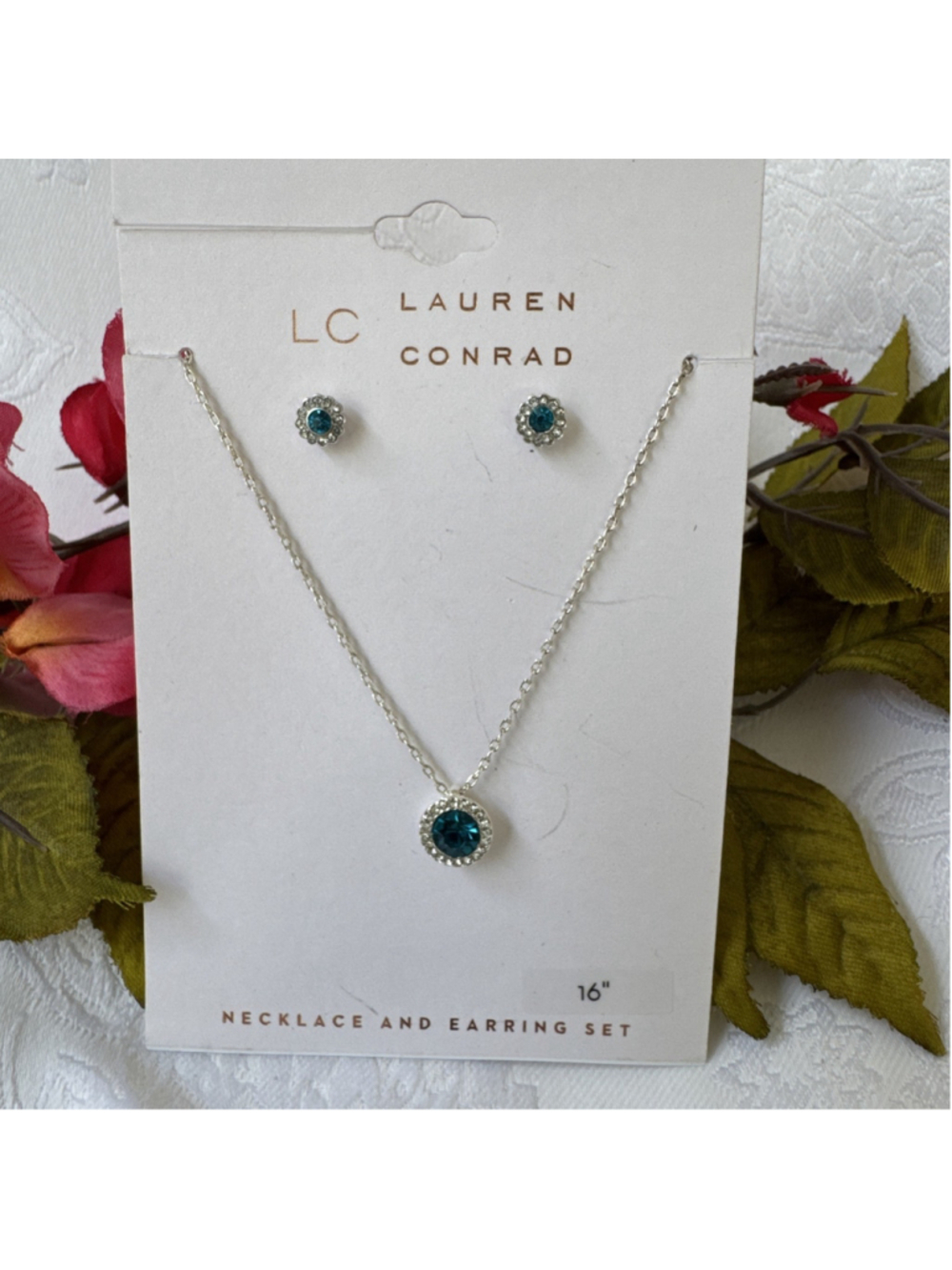 LC Lauren Conrad Dainty Silvertone Blue Stone Necklace Earring 3 PC Gift Set 16"